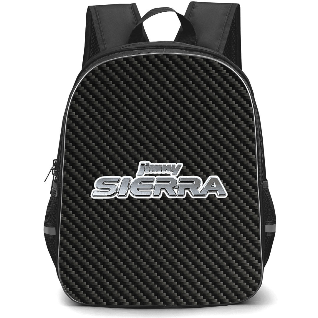Suzuki Jimny Sierra Backpack School Bag StudentPack - Suzuki Jimny Sierra Logo On Traditional Black Charcoal Carbon Fiber Background