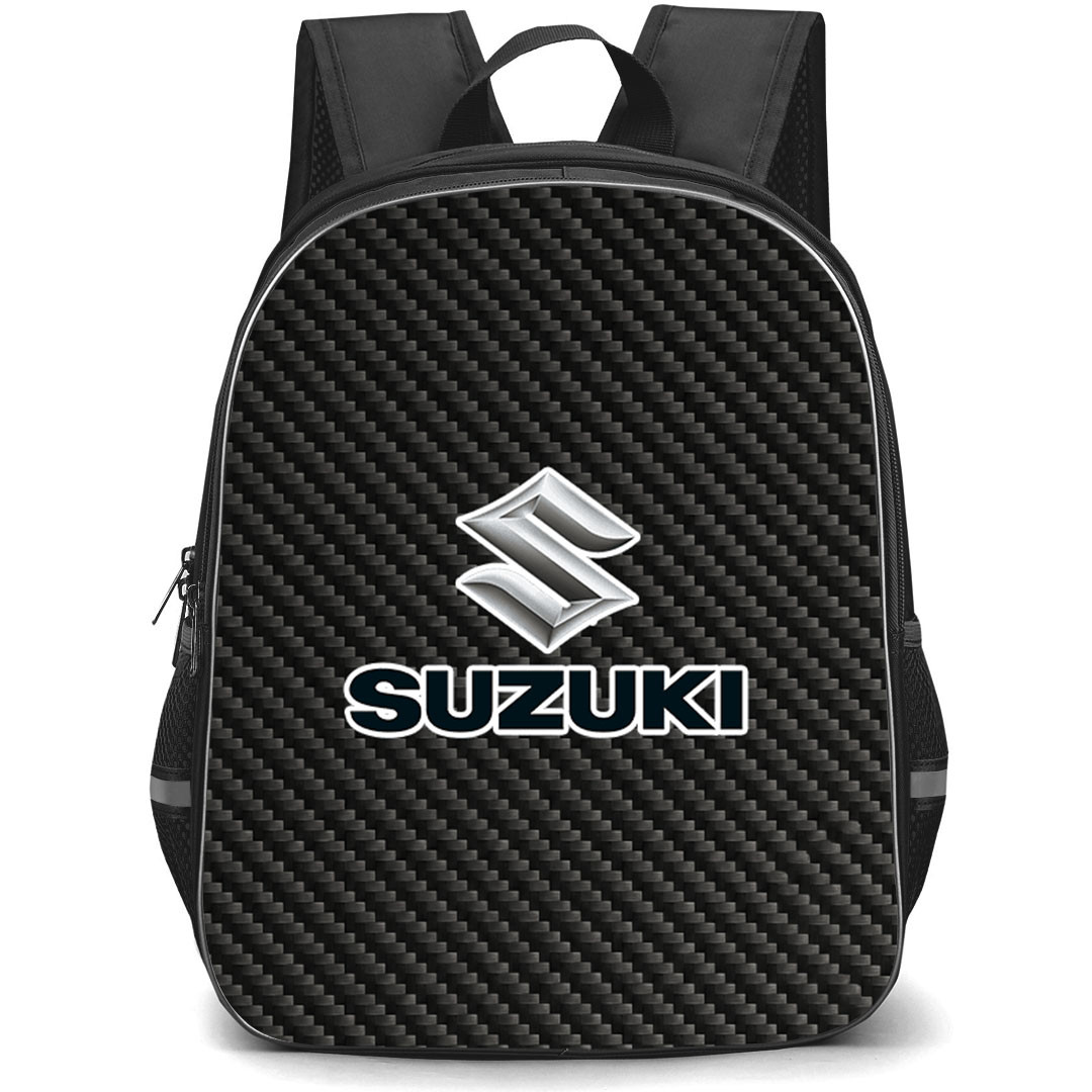 Suzuki Backpack School Bag StudentPack - Suzuki Logo On Traditional Black Charcoal Carbon Fiber Background