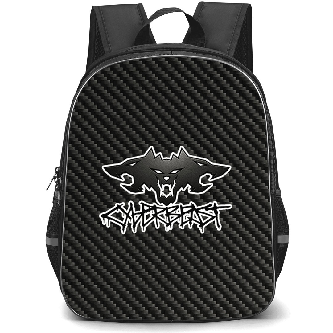 Tesla Cyberbeast Backpack School Bag StudentPack - Tesla Cyberbeast Logo On Traditional Black Charcoal Carbon Fiber Background