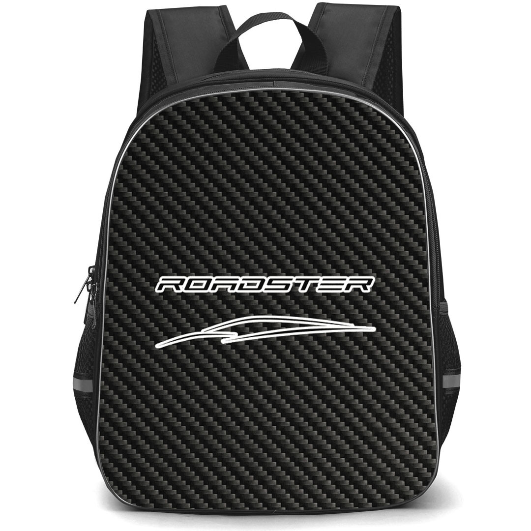 Tesla Roadster Backpack School Bag StudentPack - Tesla Roadster Logo On Traditional Black Charcoal Carbon Fiber Background