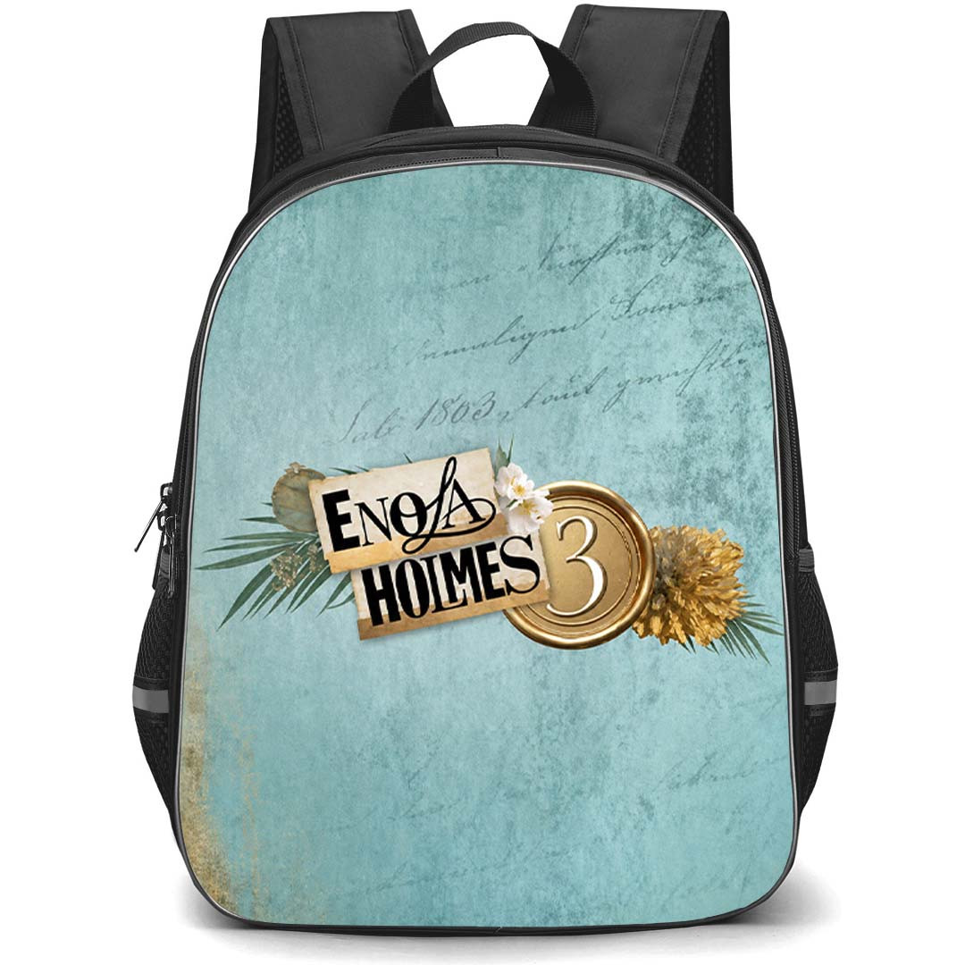 Enola Holmes 3 Backpack School Bag StudentPack - Enola Holmes 3 Logo On Vintage Aqua Distressed Wall Background
