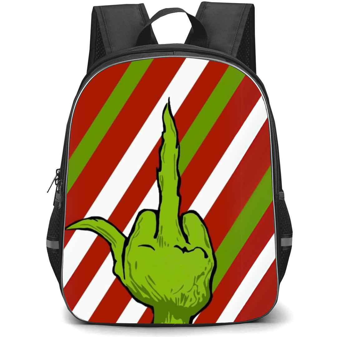 The Grinch Backpack StudentPack - The Grinch Middle Finger Illustration Art On Red Green Stripe Background