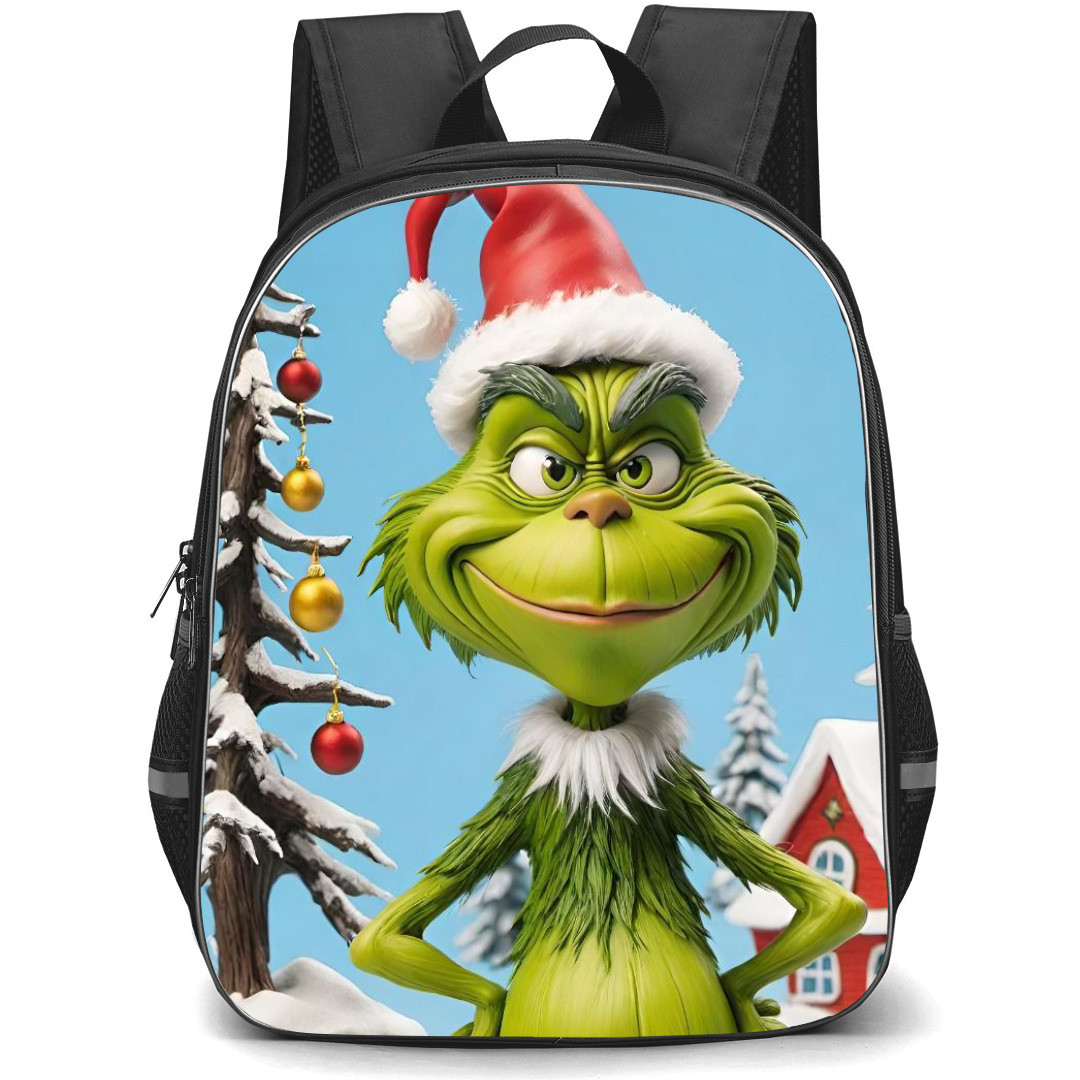 The Grinch Backpack StudentPack - The Grinch Wear Santa Hat And Standing On Stanta Tree Background