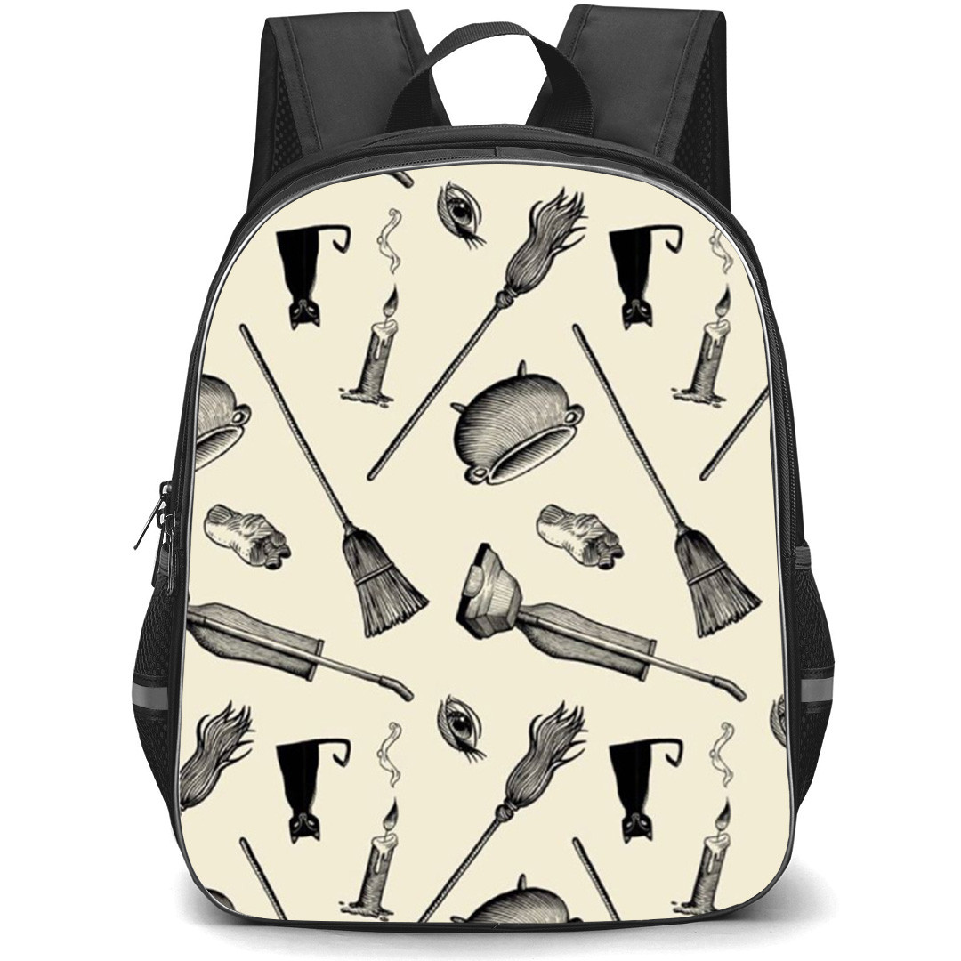 Hocus Pocus Backpack School Bag StudentPack - Broom Pattern In Beige Background