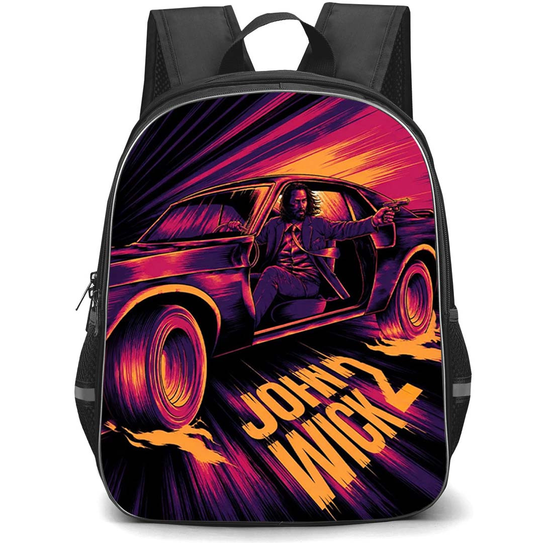 John Wick Backpack School Bag StudentPack - John Wick Neon Muscle Car Chase Poster