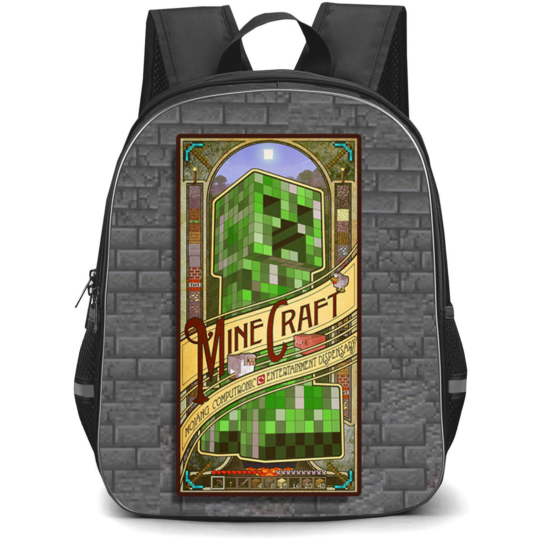 Minecraft Creeper Retro Backpack StudentPack - Minecraft Movie Llama and Sheep with Logo on Nature Background