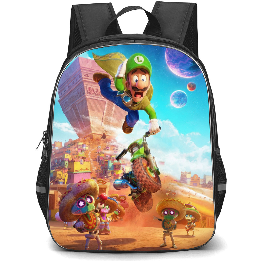 The Super Mario Galaxy Luigi Backpack School Bag StudentPack - Luigi Riding Motorcycle Poster