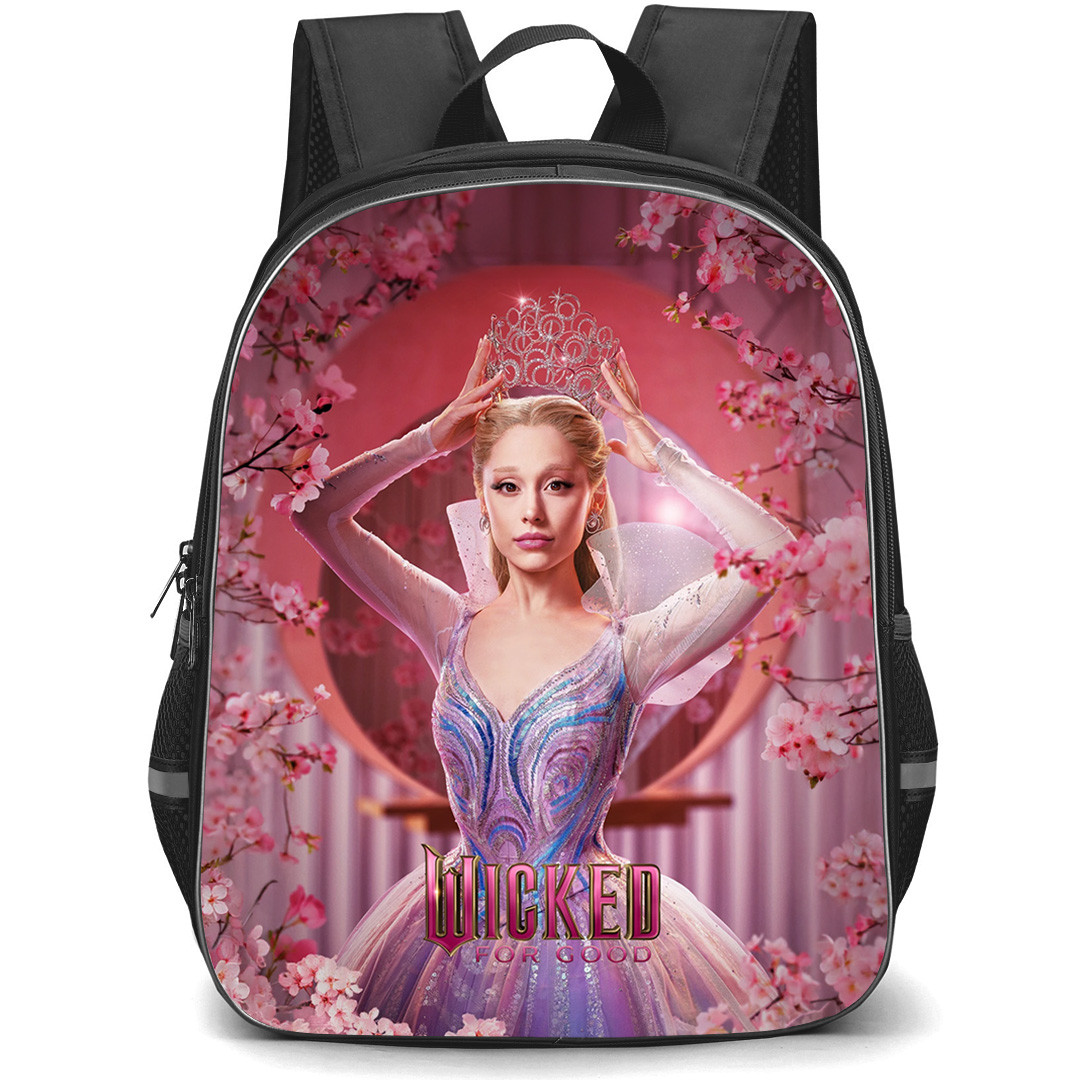 Wicked Backpack School Bag StudentPack - Wicked For Good Glinda Touching Crown with Pink Flowers Background