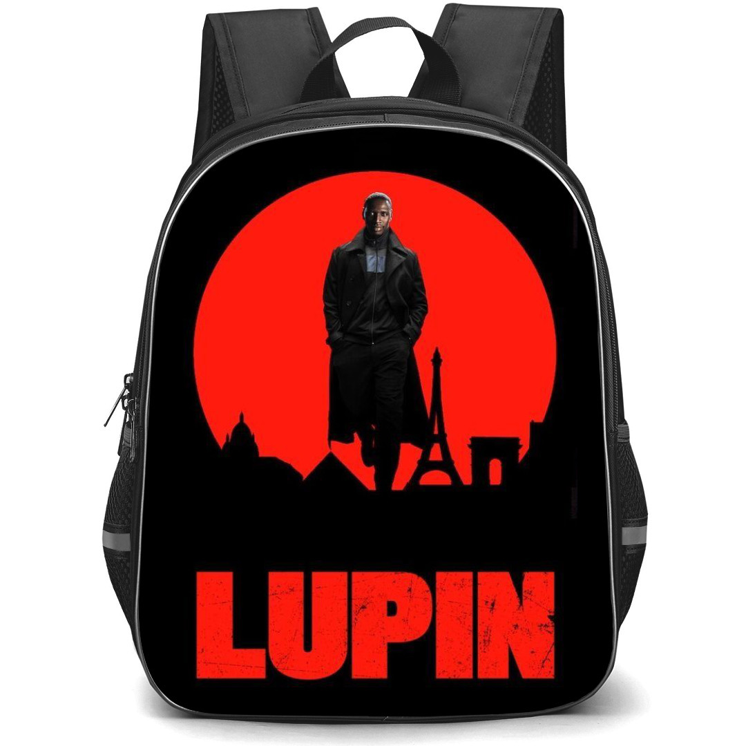 Lupin Backpack StudentPack - Assane Diop Standing On Red Illustration Black Background Poster