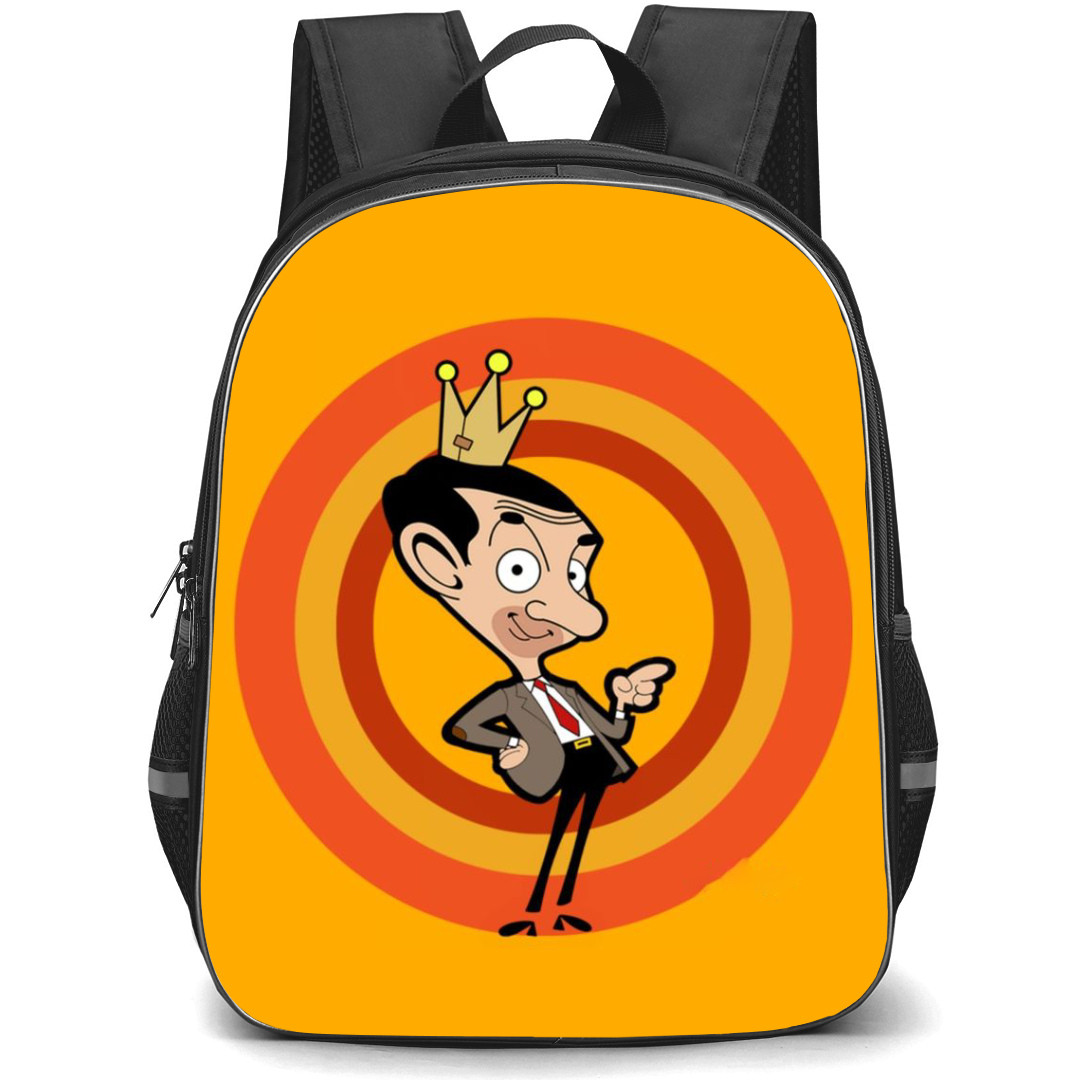 Mr. Bean Backpack StudentPack - Mr. Bean Wearing Crown Cartoon Art On Red Circle Orange Background