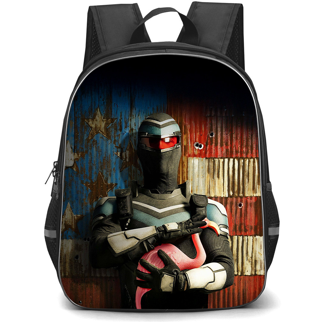 Peacemaker Backpack School Bag StudentPack - Peacemaker Poster Adrian Chase Holding Flamingo with US Flag Background