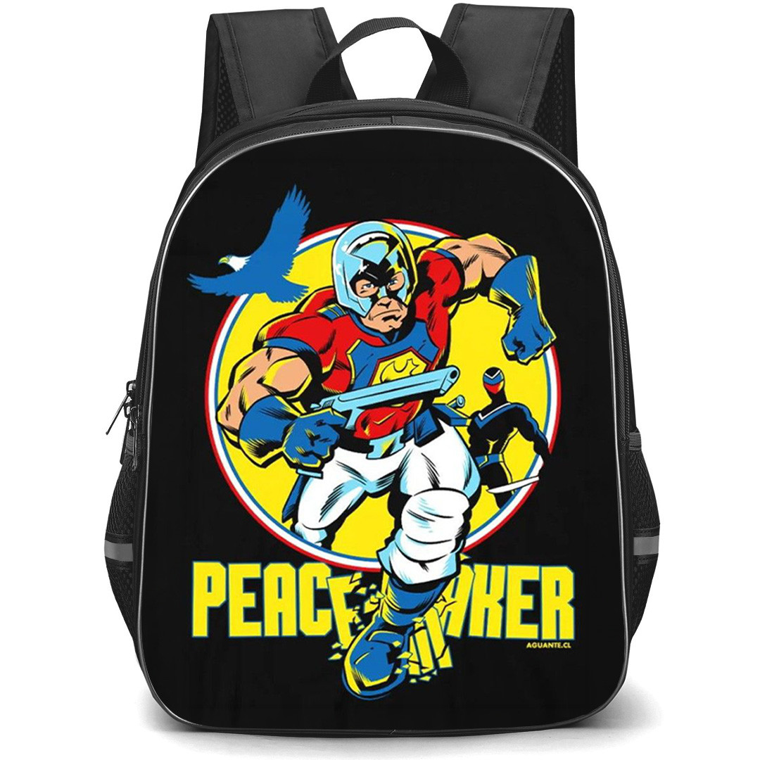 Peacemaker Backpack School Bag StudentPack - Peacemaker Running Comic Style Black Background