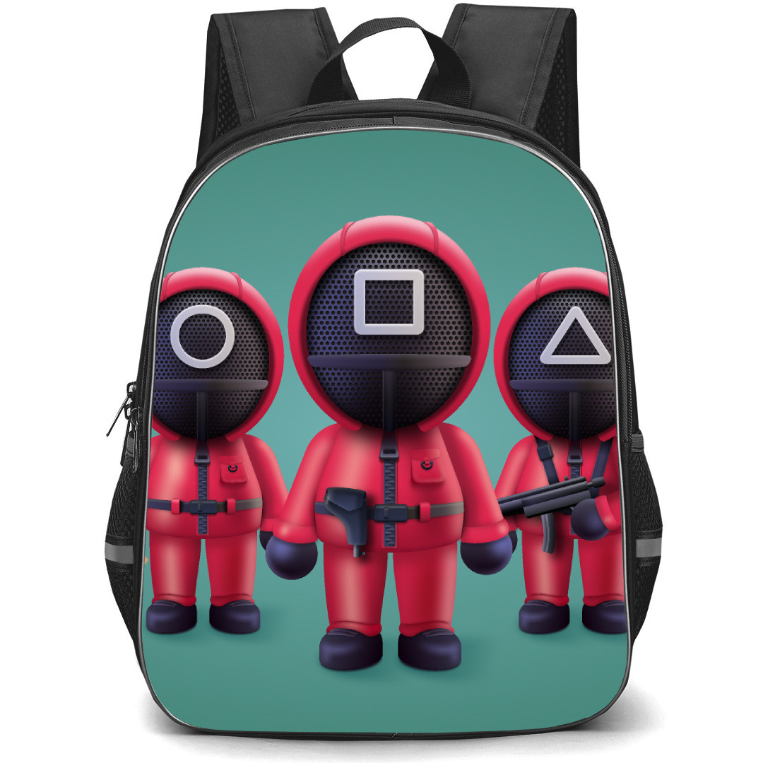 Squid Game Backpack StudentPack - Squid Game Guards Standing On Green Background