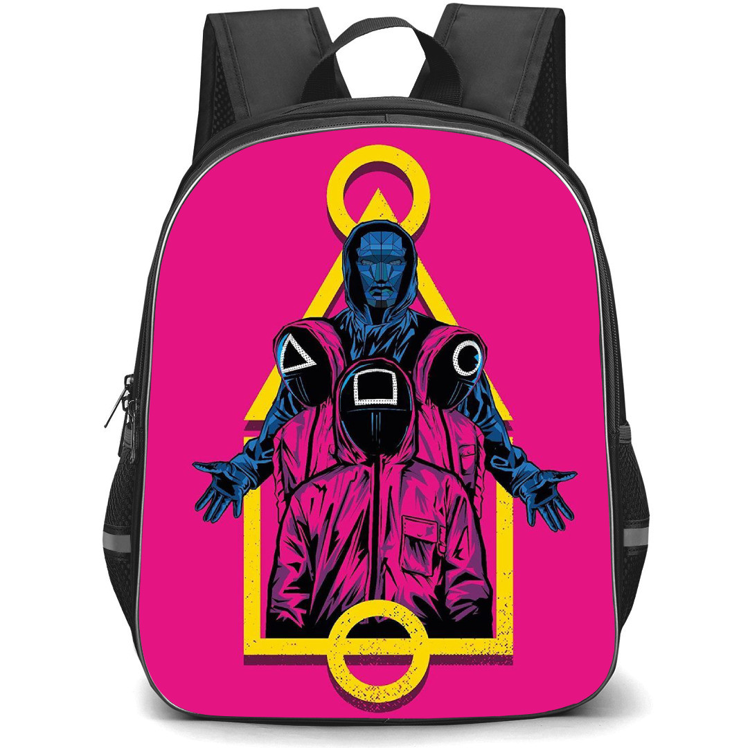 Squid Game Backpack StudentPack - Squid Game Netflix Series Masked Men On Pink Background