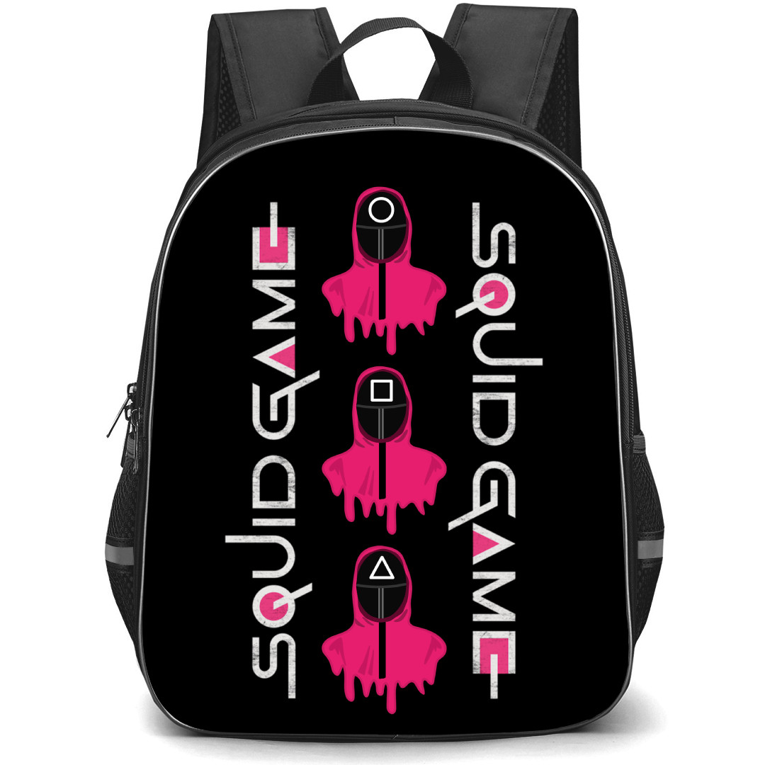 Squid Game 2 Backpack StudentPack - Squid Game2 Three Pink Soldiers With Double Text Left And Right Black Background