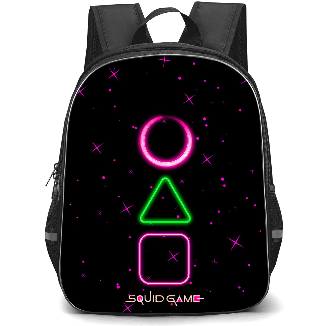 Squid Game 2 Backpack StudentPack - Squid Game2 Neon Polygons And Circle With Text Black Pink Stars Background