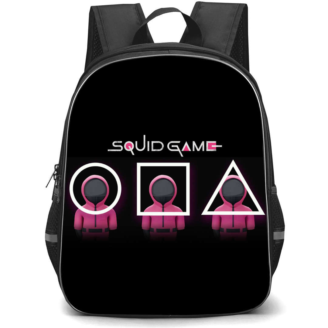 Squid Game 2 Backpack StudentPack - Squid Game2 Three Pink Soldiers Behind Polygons And Circle Horizontal With Text Black Background