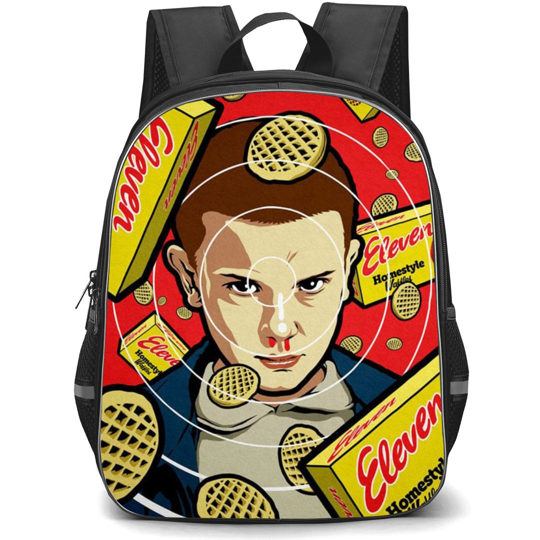 Stranger Things Eleven Backpack School Bag StudentPack - Eleven Blood in Nose and Homestyle Waffer Pack & Red Background