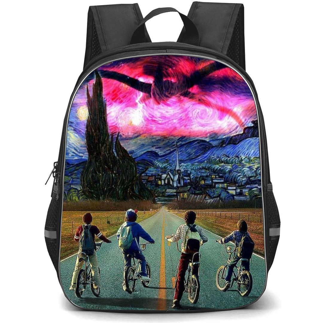 Stranger Things Backpack School Bag StudentPack - Stranger Things Four Children Cycling on the Way with Scary Background
