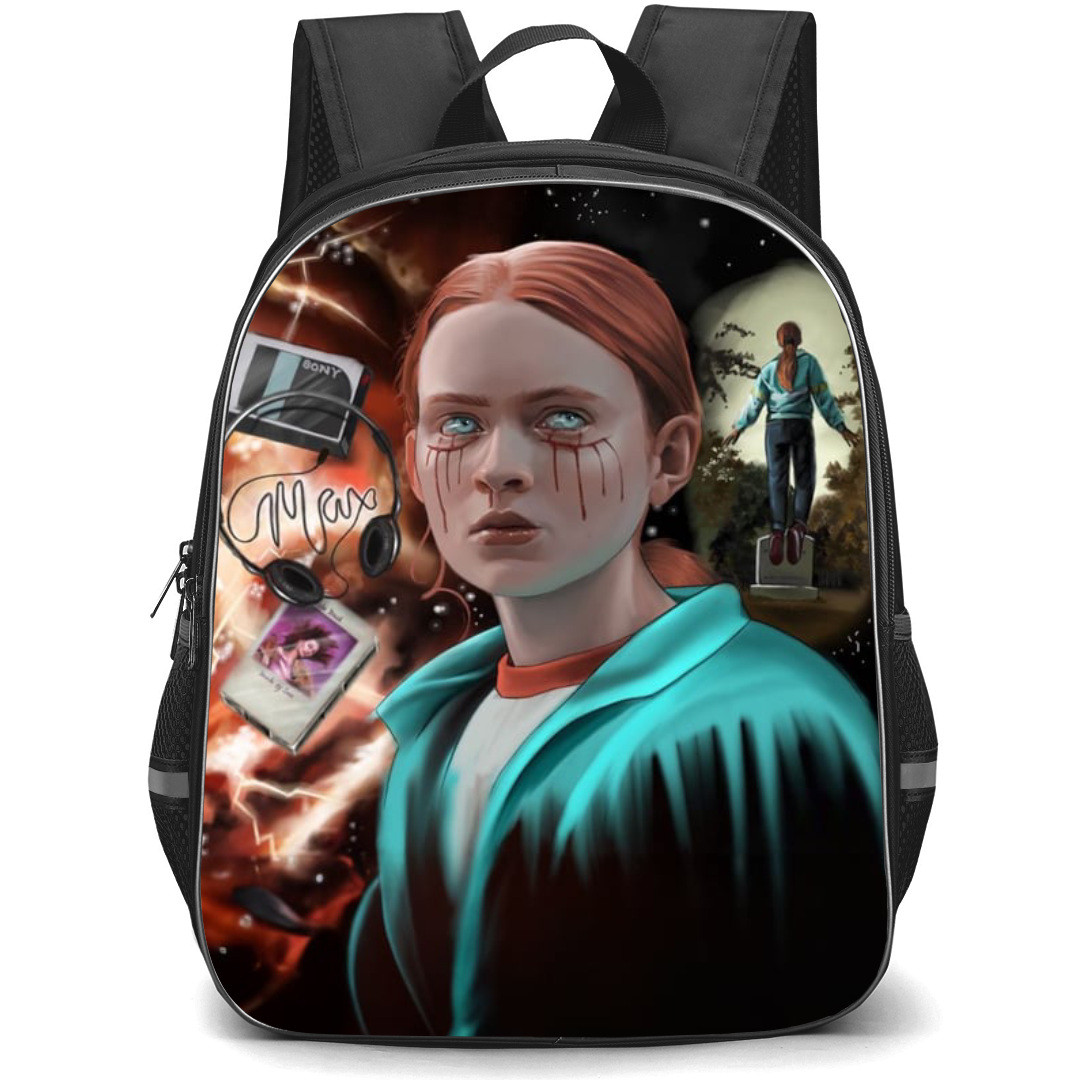 Stranger Things Max Backpack School Bag StudentPack - Max Blood on Face with Headphone and Multi Background