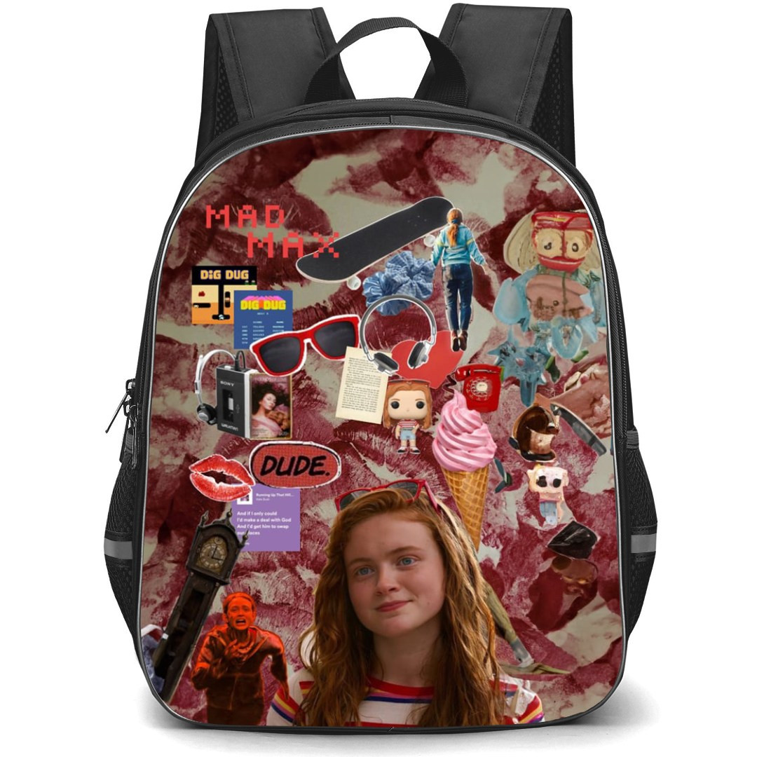 Stranger Things Max Backpack School Bag StudentPack - Max Looks Cute with Her Accesories and Lips Shade Background