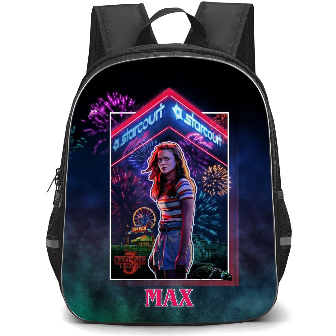 Stranger Things Max Backpack School Bag StudentPack - Max Stand in Fear with Crackers Frame Background