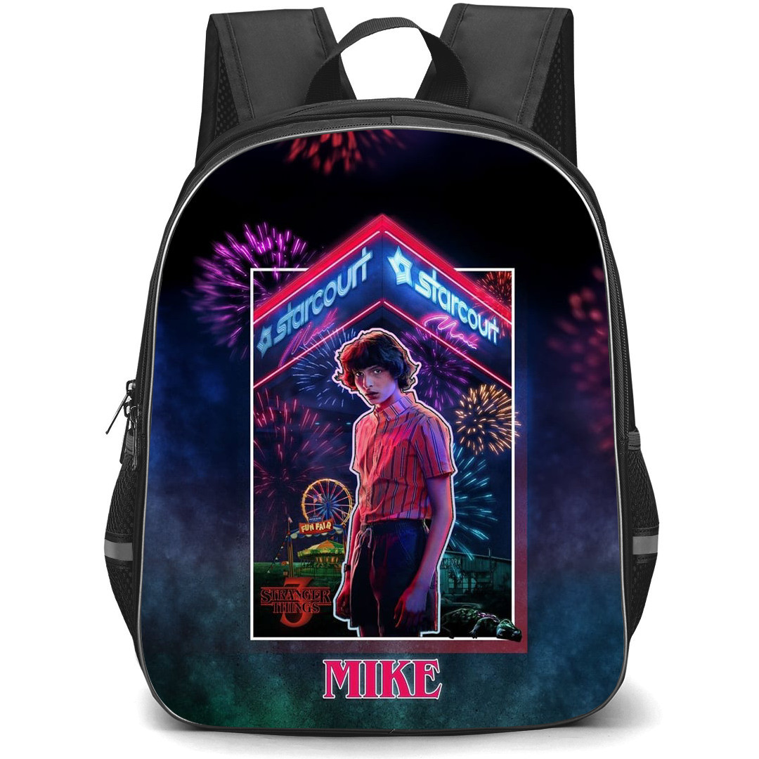 Stranger Things Backpack School Bag StudentPack - Stranger Things Mike Stand in Fear with Crackers Frame Background