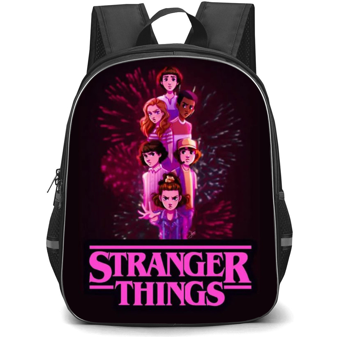 Stranger Things Backpack School Bag StudentPack - Stranger Things Six Characters with Purple Text Art