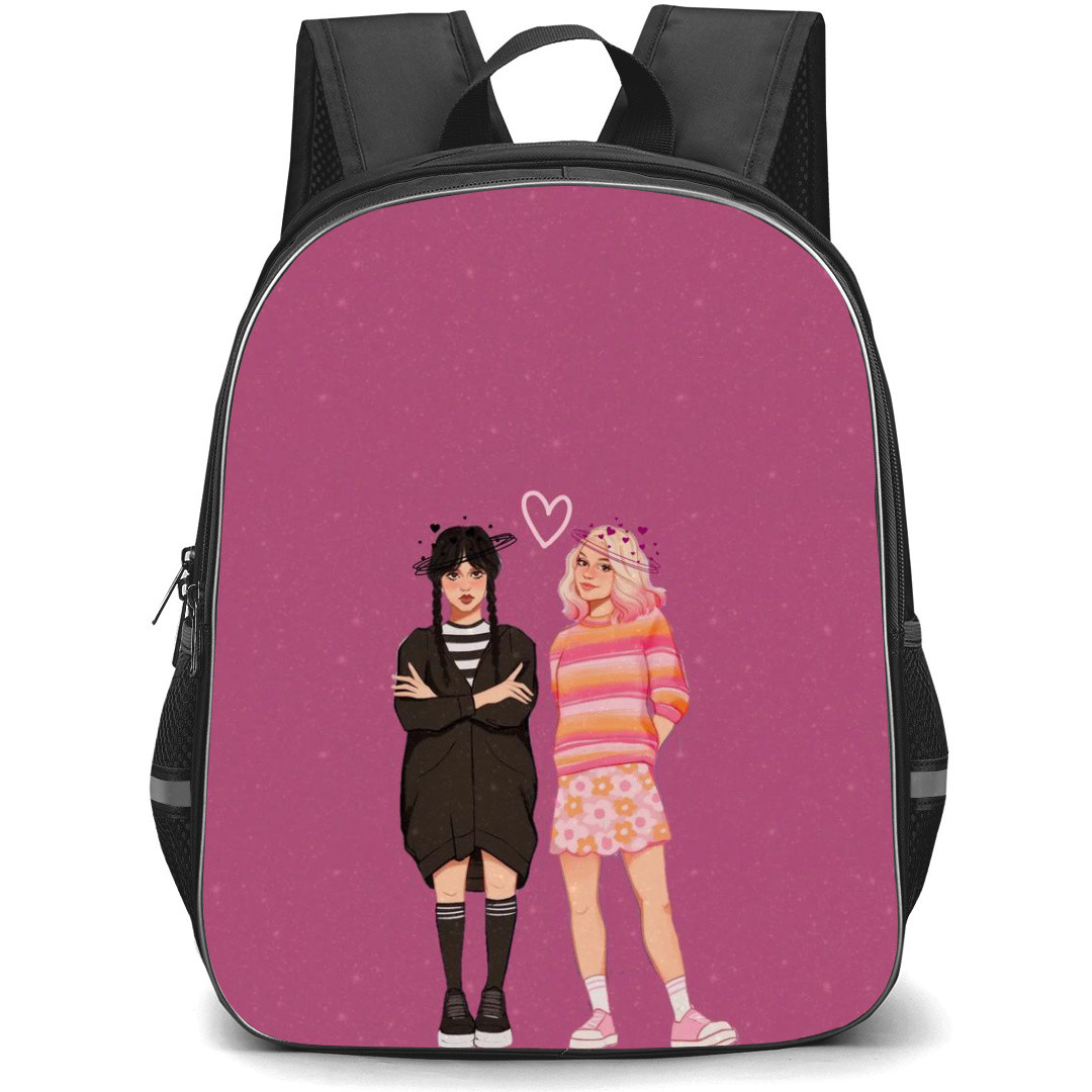 Wednesday Backpack StudentPack - Wednesday And Enid Sinclair Cartoon Art On PInk Background