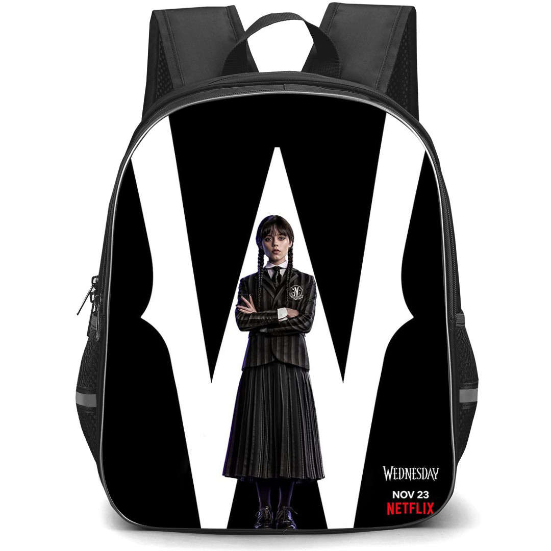 Wednesday Backpack StudentPack - Jenna Ortega Standing In Black White Background Netflix Poster