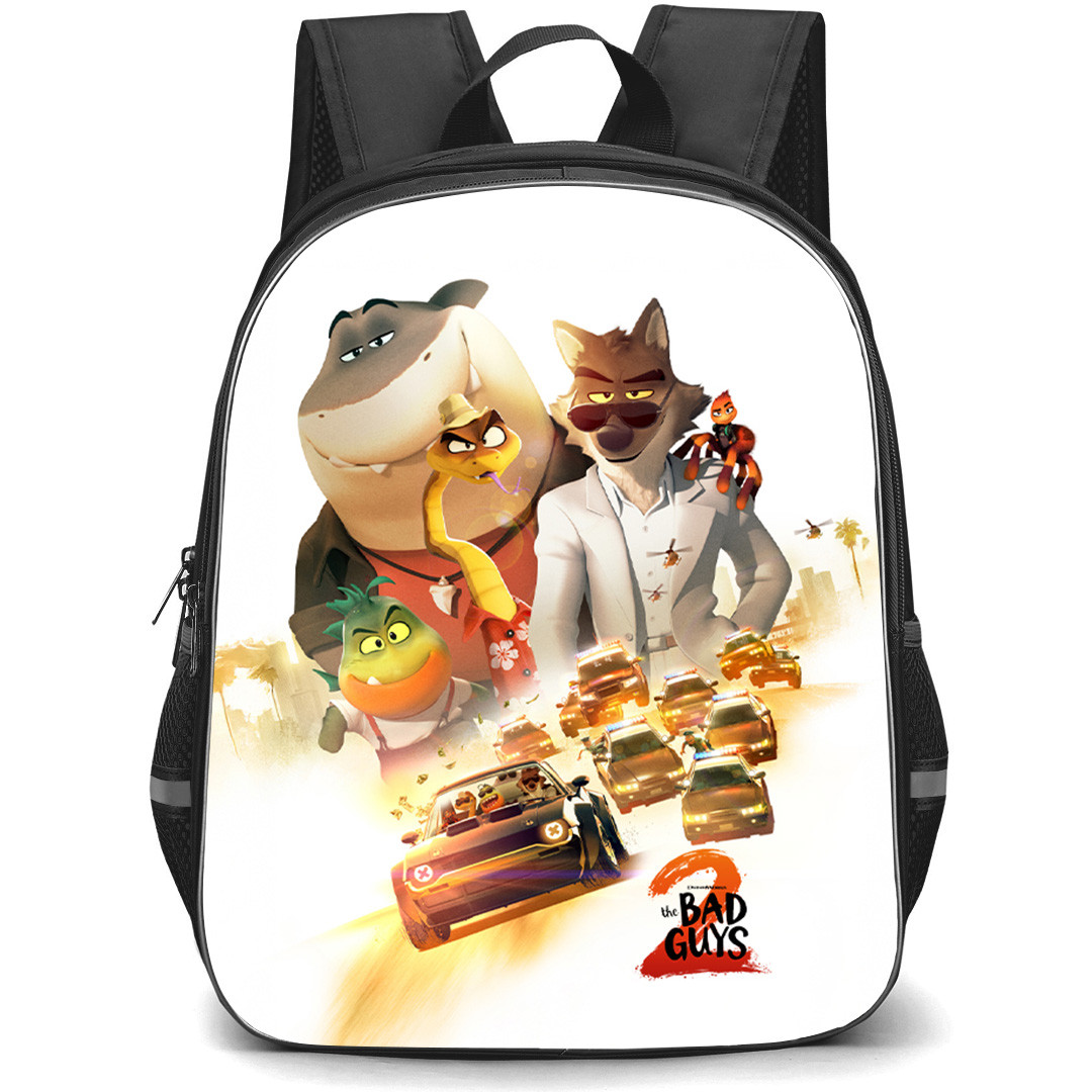 The Bad Guys Backpack School Bag StudentPack - The Bad Guys 2 Movie Poster Car Chasing White Background