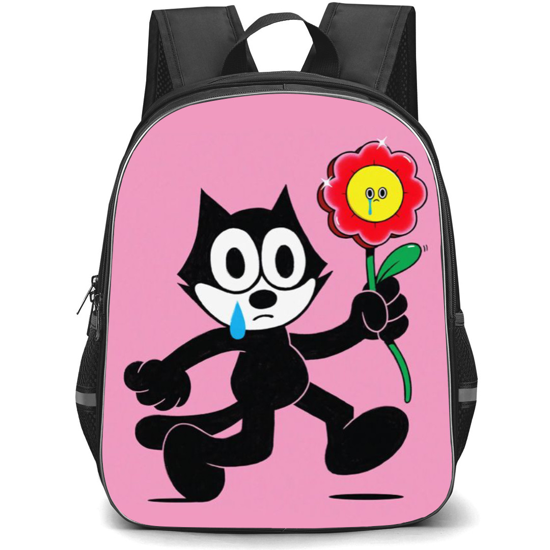 Felix the Cat Backpack StudentPack - Felix The Cat Teary Eye Holding Flower Pink Background