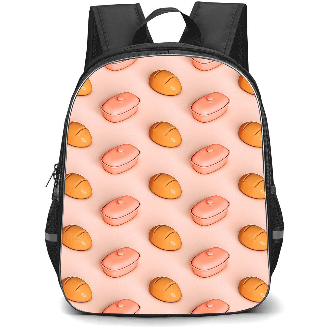 Food Pattern School Backpack StudentPack - 3D Bread And Butter Dish Pattern Art On Pink Background