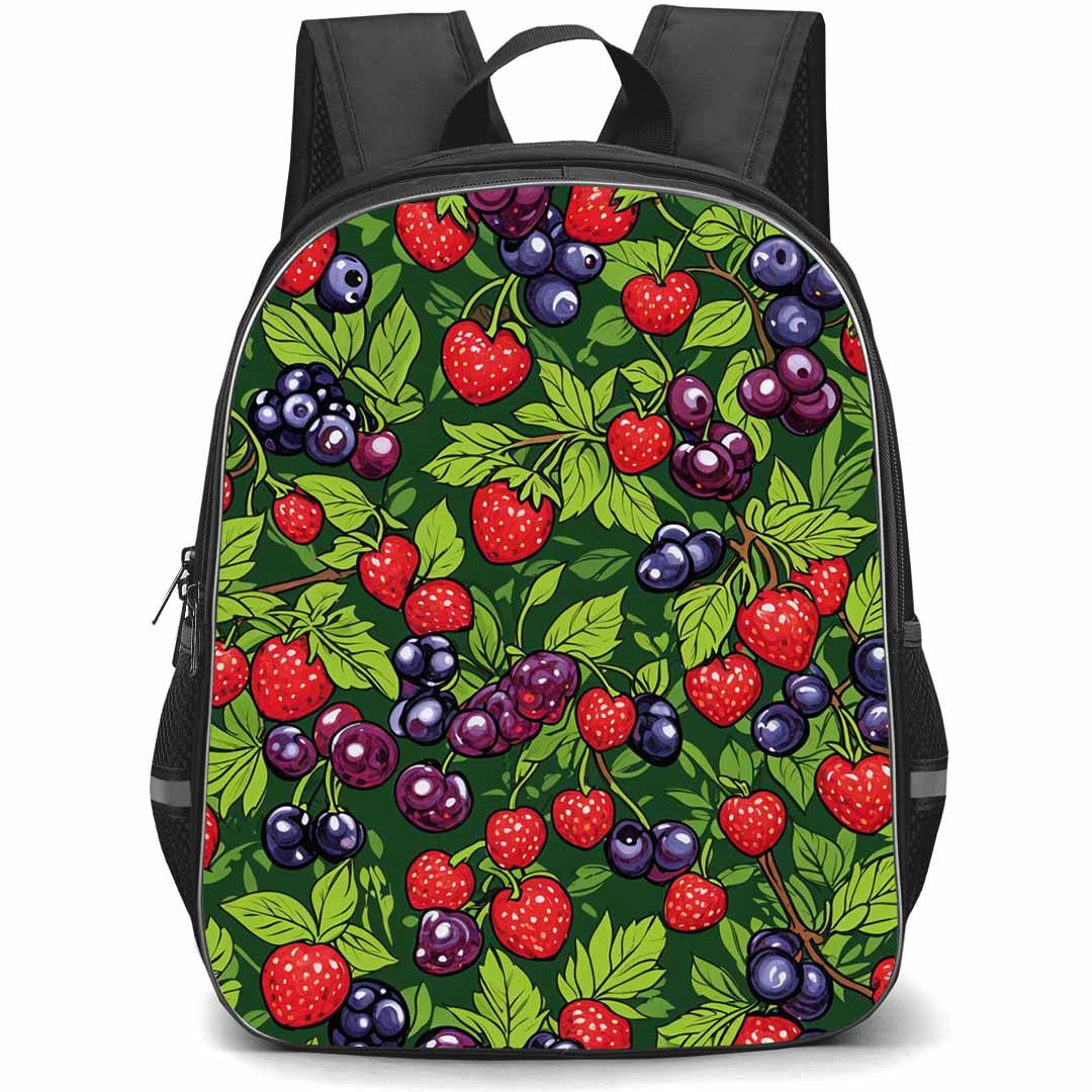 Food Pattern School Backpack StudentPack - Berry And Strawberry Pattern Art On Green Background