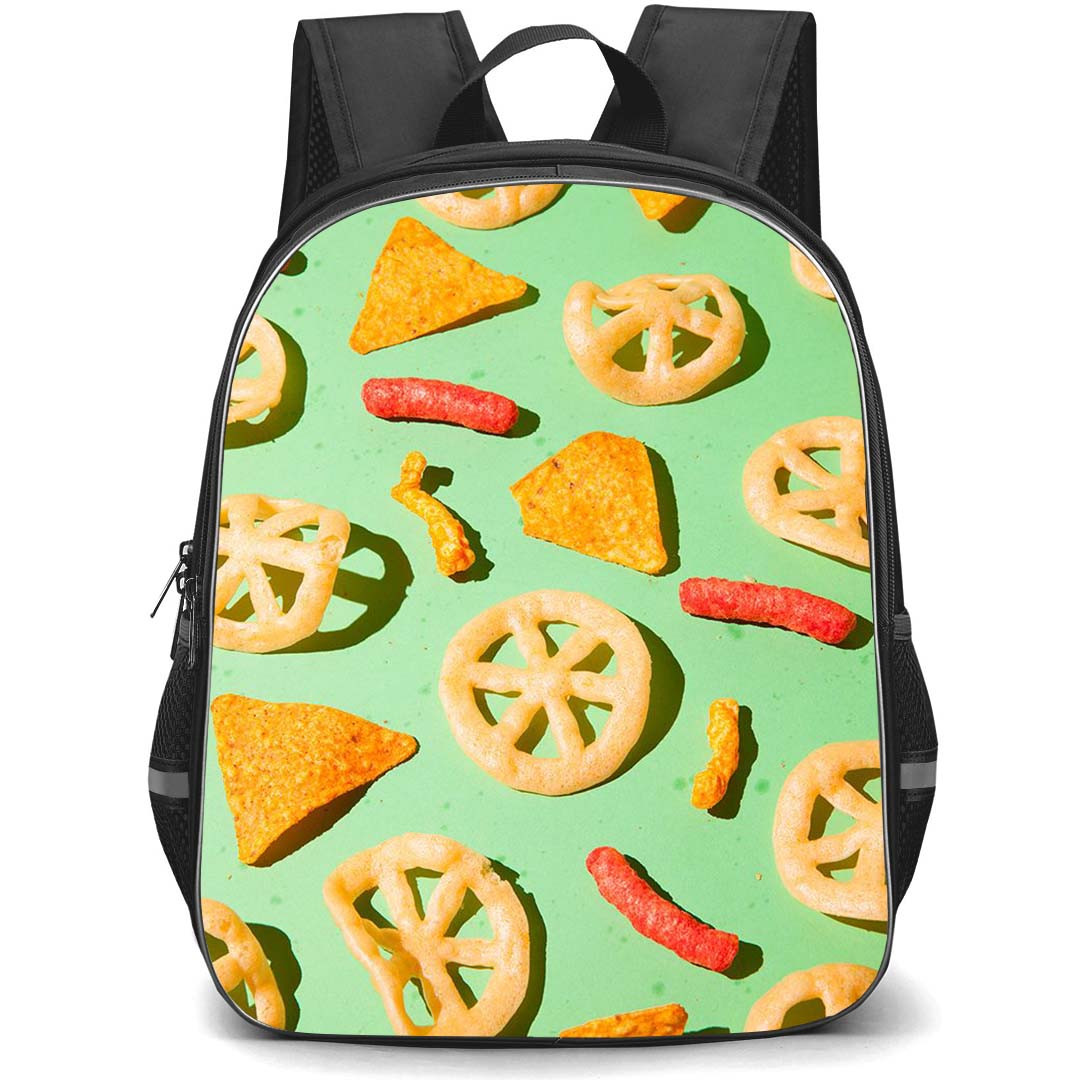 Food Pattern School Backpack StudentPack - Chips Pattern Art On Green Background