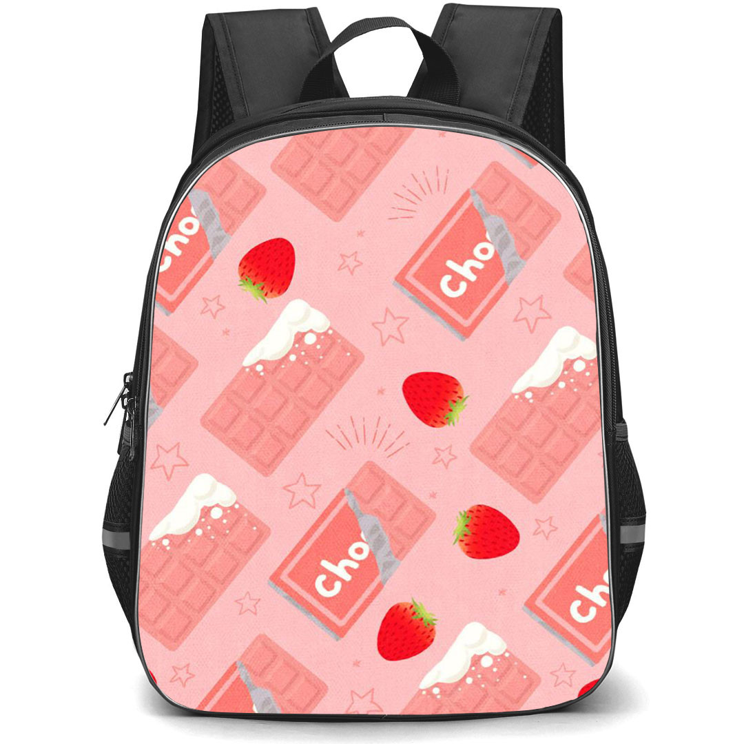 Food Pattern School Backpack StudentPack - Strawberry Chocholate Pattern Art On Pink Background