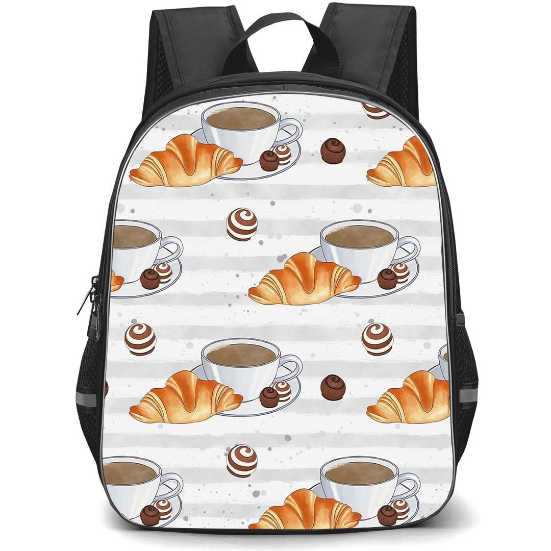 Food Pattern School Backpack StudentPack - Coffee And Croissant Pattern Art On White Background