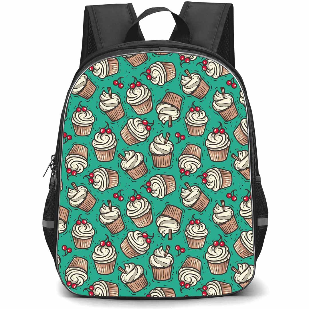 Food Pattern School Backpack StudentPack - Cupcake Trendy Pattern Art On Green Background