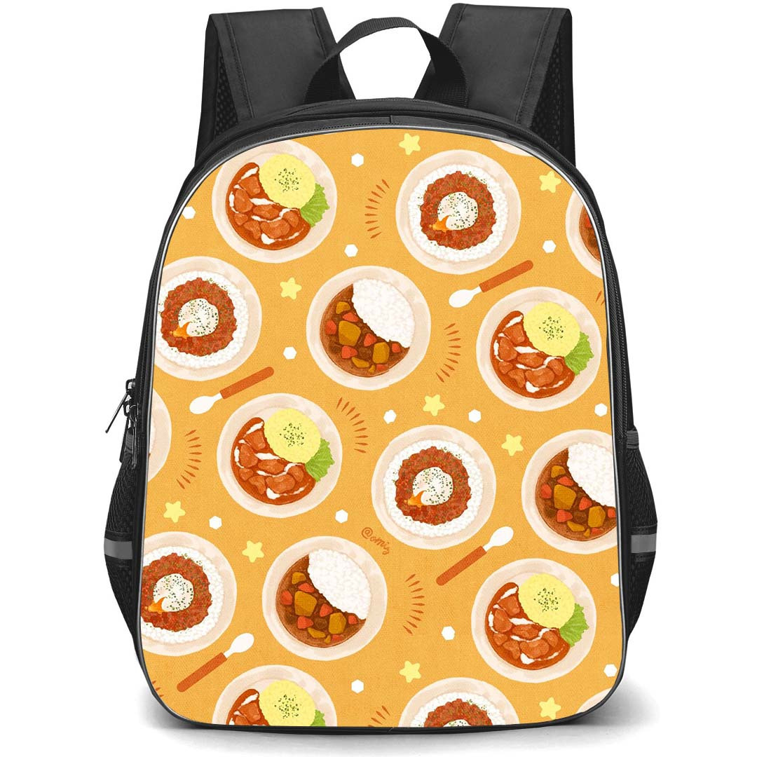 Food Pattern School Backpack StudentPack - Curry And Rice Pattern Art On Orange Background