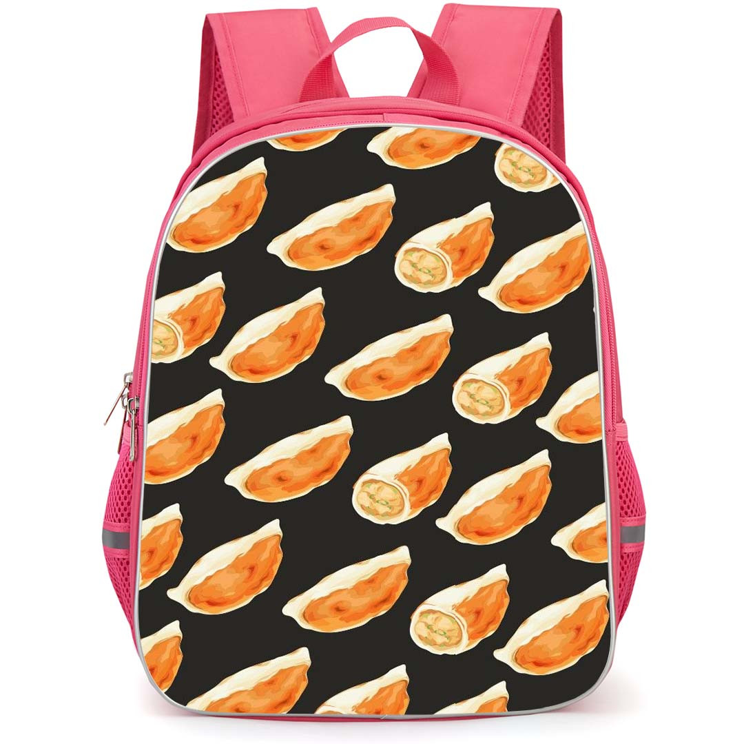 Food Pattern School Backpack StudentPack - Illustration of Grilled Dumplings Pattern Art On Dark Background