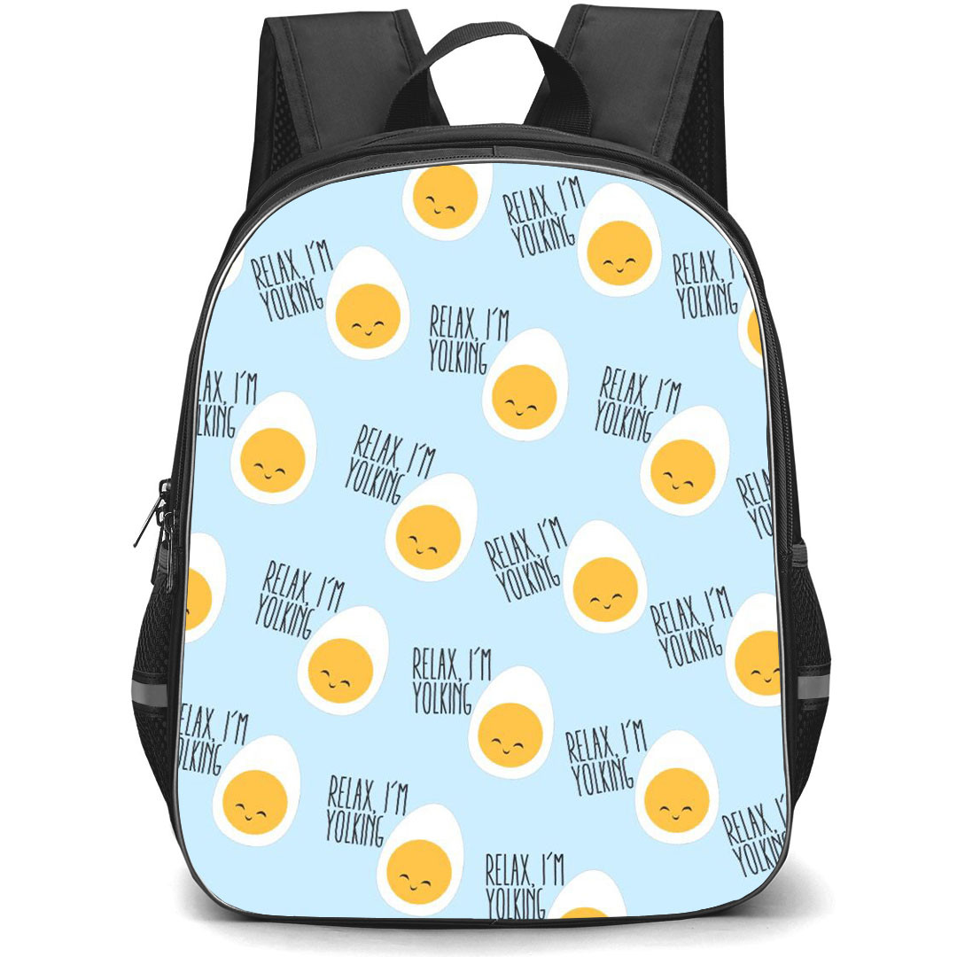Food Pattern School Backpack StudentPack - Sliced Egg Pattern Art Quote On Skyblue Background