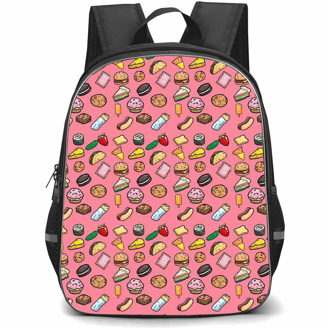 Food Pattern School Backpack StudentPack - Fast Food Cute Icon Pattern Art On Pink Background