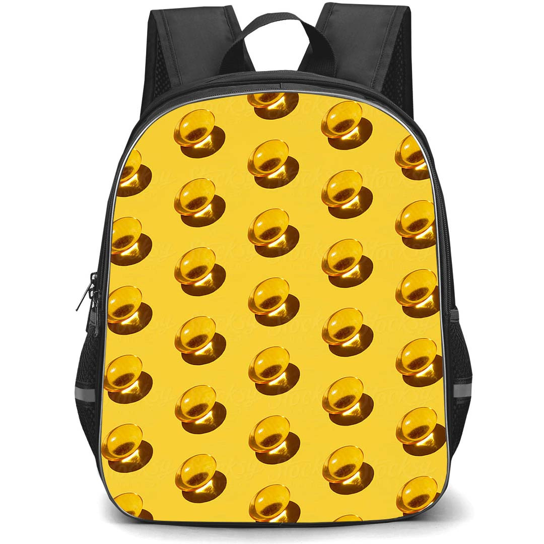 Food Pattern School Backpack StudentPack - Gold Fish Oil Pills Pattern Art Yellow Background
