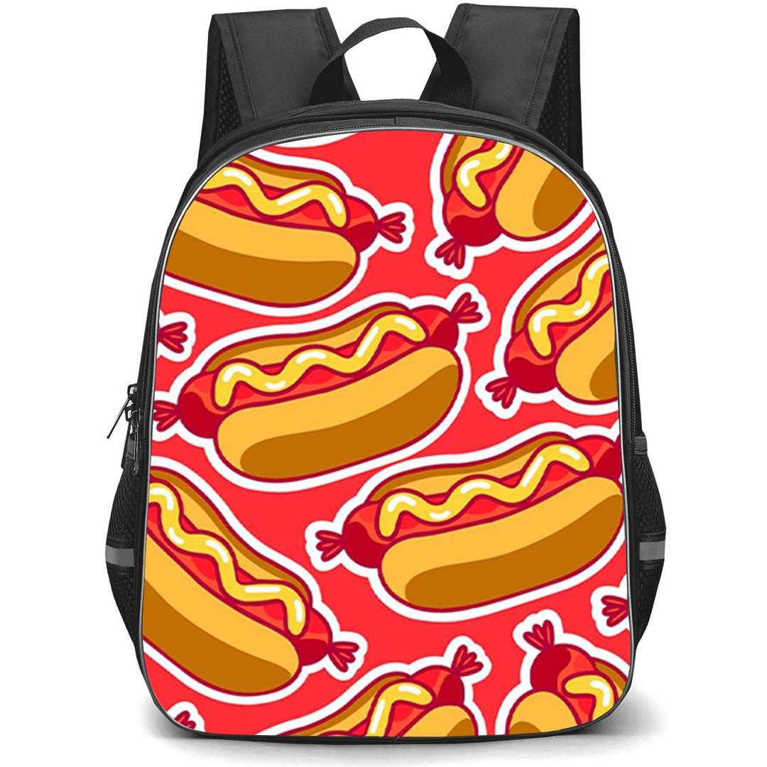 Food Pattern School Backpack StudentPack - Hot Dog Illustration Pattern Art On Red Background
