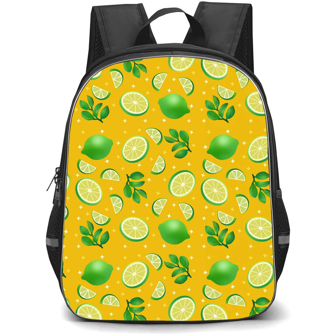 Food Pattern School Backpack StudentPack - Green Limes And Star Pattern Art On Yellow Backgroud