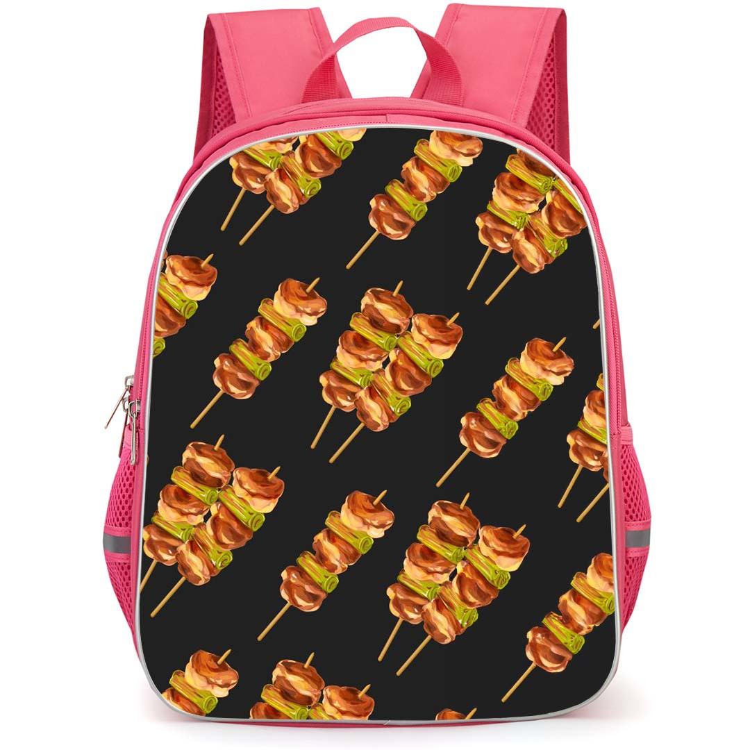Food Pattern School Backpack StudentPack - Meat Kebab Illustration Pattern Art On Black Background