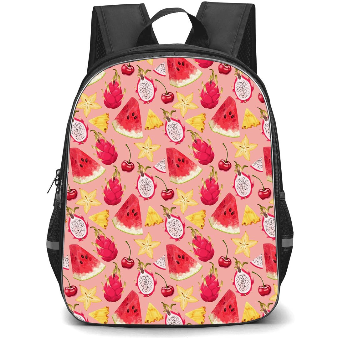 Food Pattern School Backpack StudentPack - Watermelon Cherry And Dragon Fruits Pattern Art On Pink Background