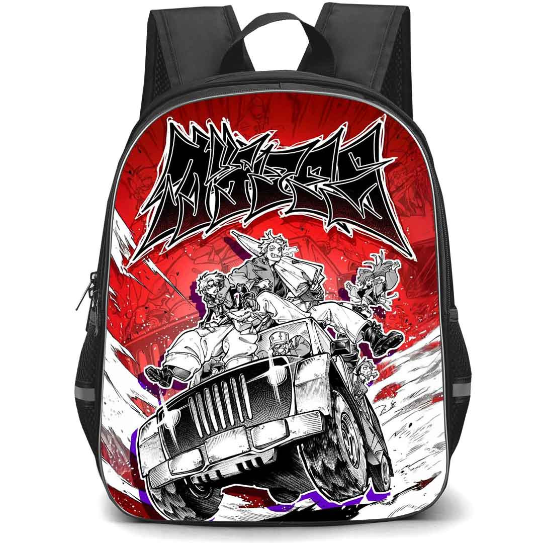 Gachiakuta Backpack StudentPack - Gachiakuta Team Akuta Grayscale Manga Art On Red Background
