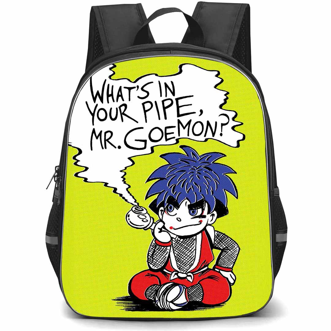 Ganbare Goemon Backpack StudentPack - Ganbare Goemon Whats In Your Pipe Cartoon Art On Green Background