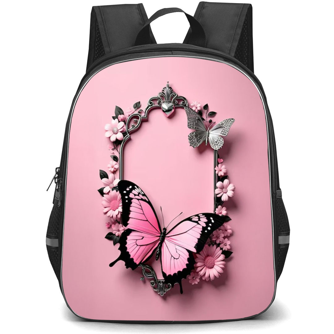 Girlish Backpack StudentPack - Girlish Pink And Black Butterfly